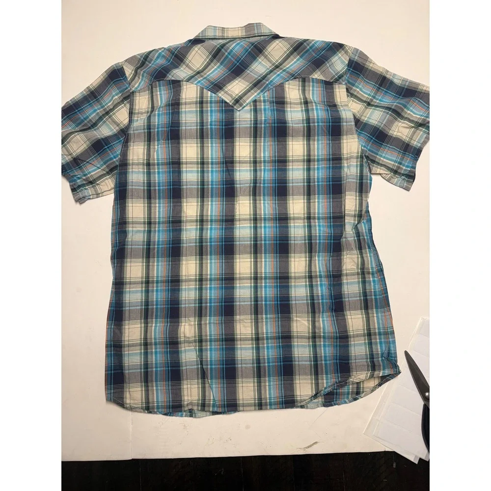 True Religion Mens XXXL Blue Plaid Western Snap Short Sleeve Shirt Horseshoe